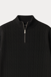 Cable Knit Wool Half Zip Sweater - Midnight Black